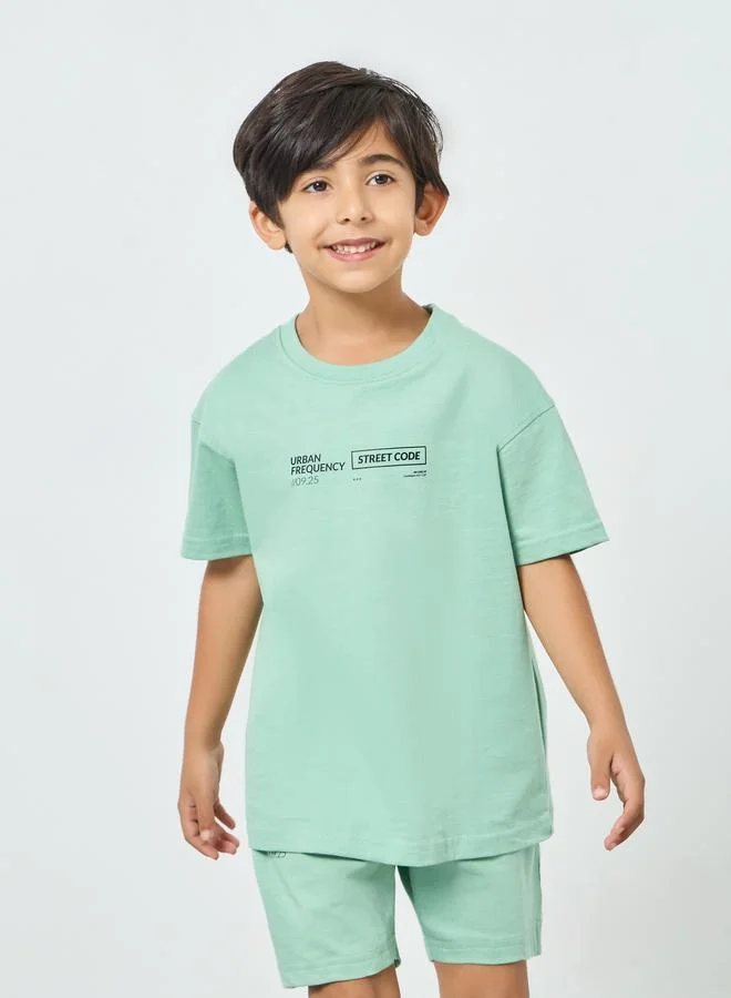 Styli Boy Green Graphic T-Shirt And Shorts Set